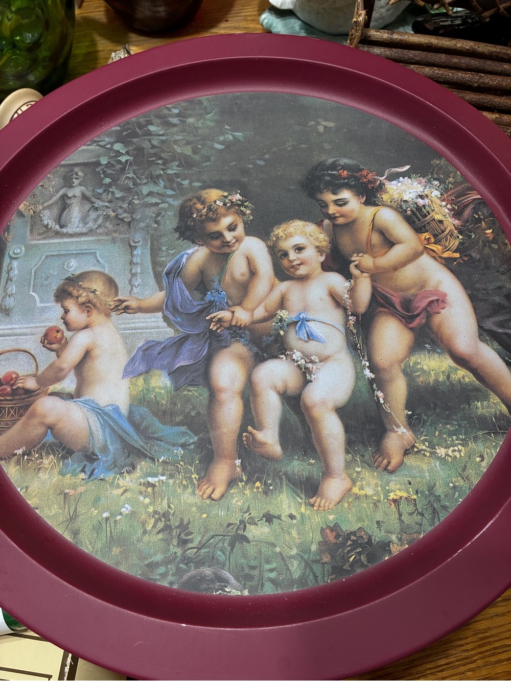 Classic Cherub Round Wall Art in Plum